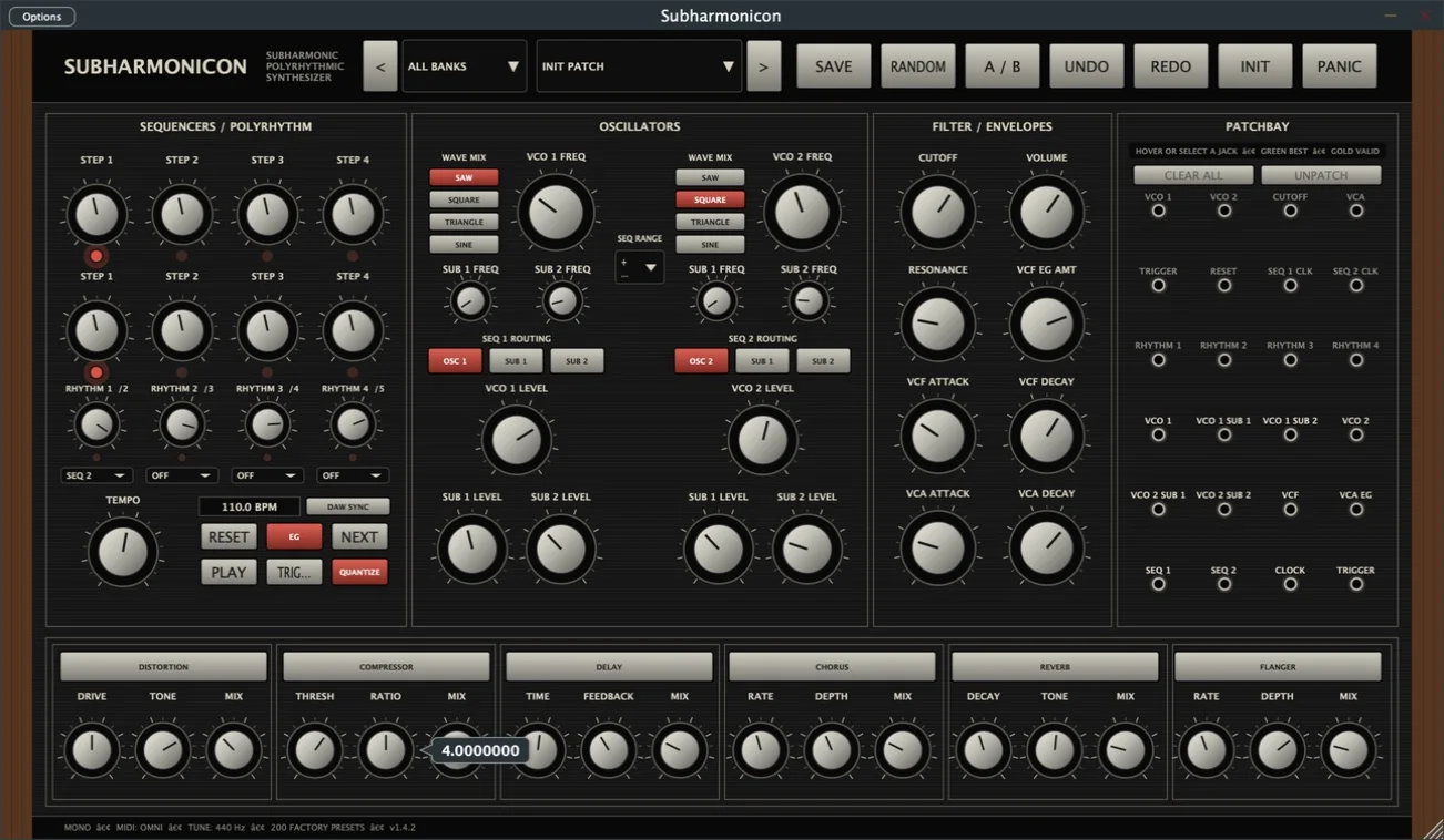 Subharmonicon interface with oscillators, polyrhythmic sequencers, and patch bay